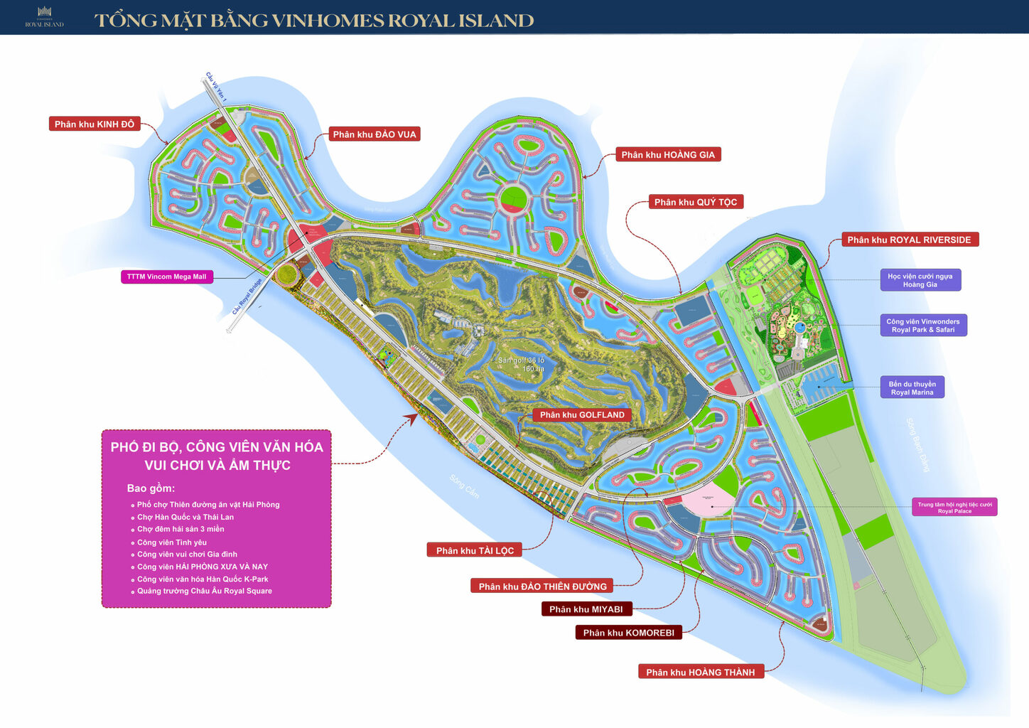 Vị trí phân khu Golf Land trong tổng thể dự án Vinhomes Royal Island Vũ Yên