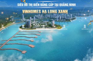 Phối cảnh tổng thể dự án Vinhomes Hạ Long Xanh với tầm nhìn toàn cảnh từ trên cao, thể hiện quy mô đồ sộ của dự án bên vịnh Hạ Long